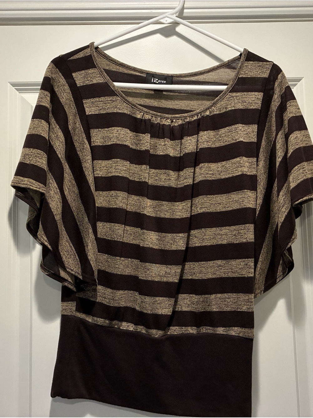 Iz Byer Brown and Tan Striped Flutter Sleeve Top